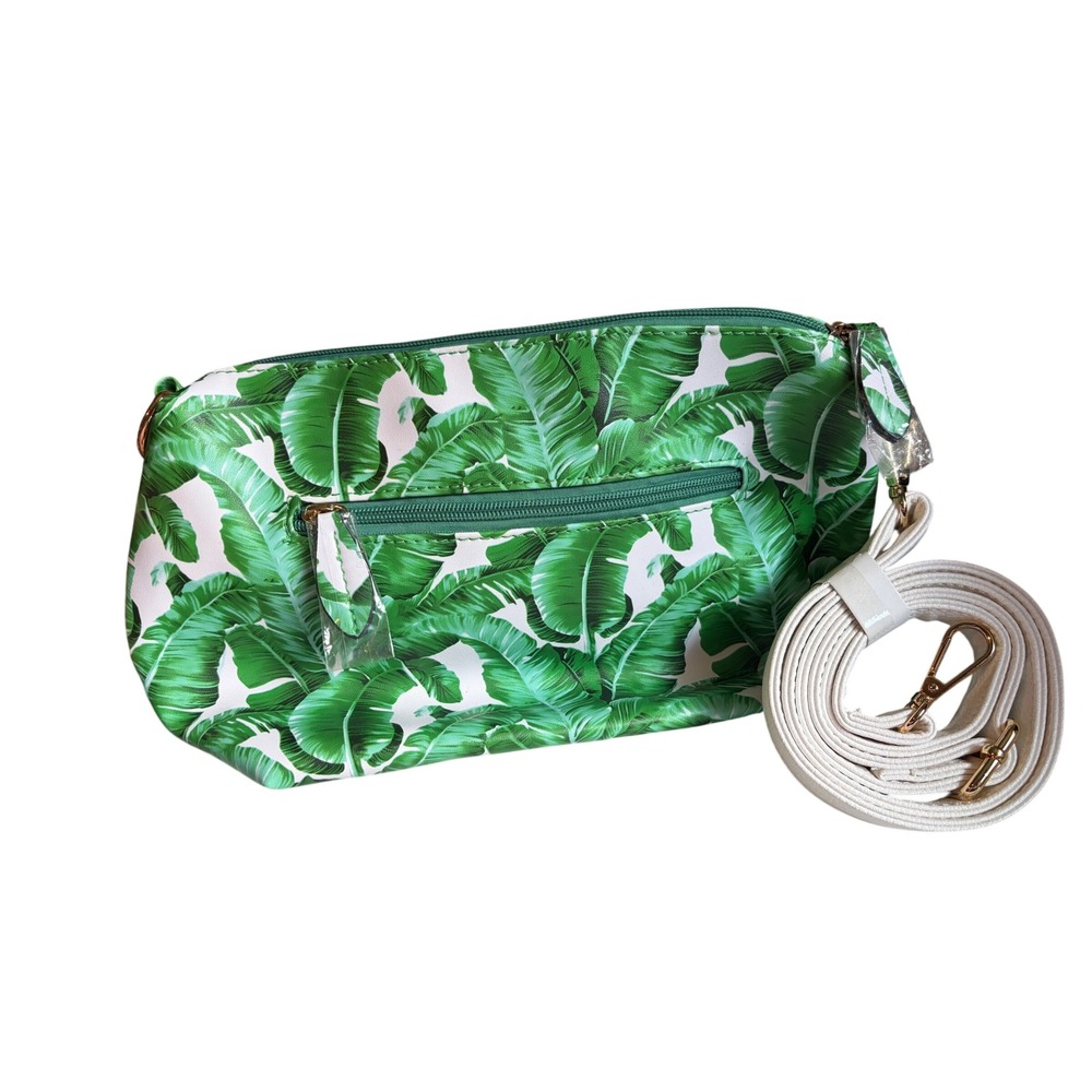 IWM Banana Leaf Print Green Tropical Palm Clutch White Strap 11.5" W X 7" tall - Picture 2 of 8